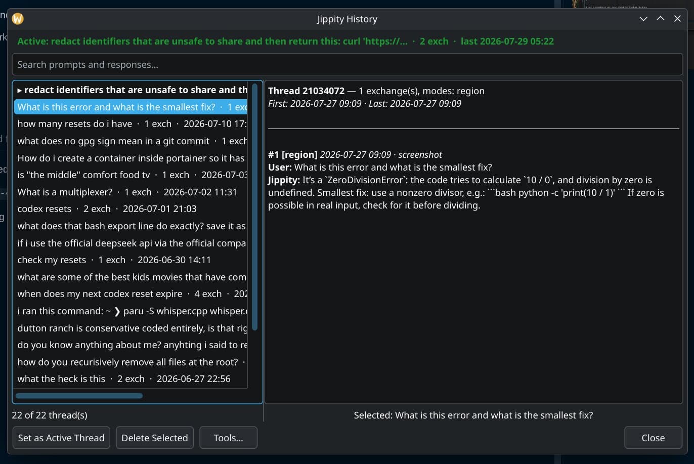 Codex Jippity desktop app: the Jippity History window listing 22 conversation threads, with a selected region-capture thread asking about a ZeroDivisionError and showing the diagnostic response.
