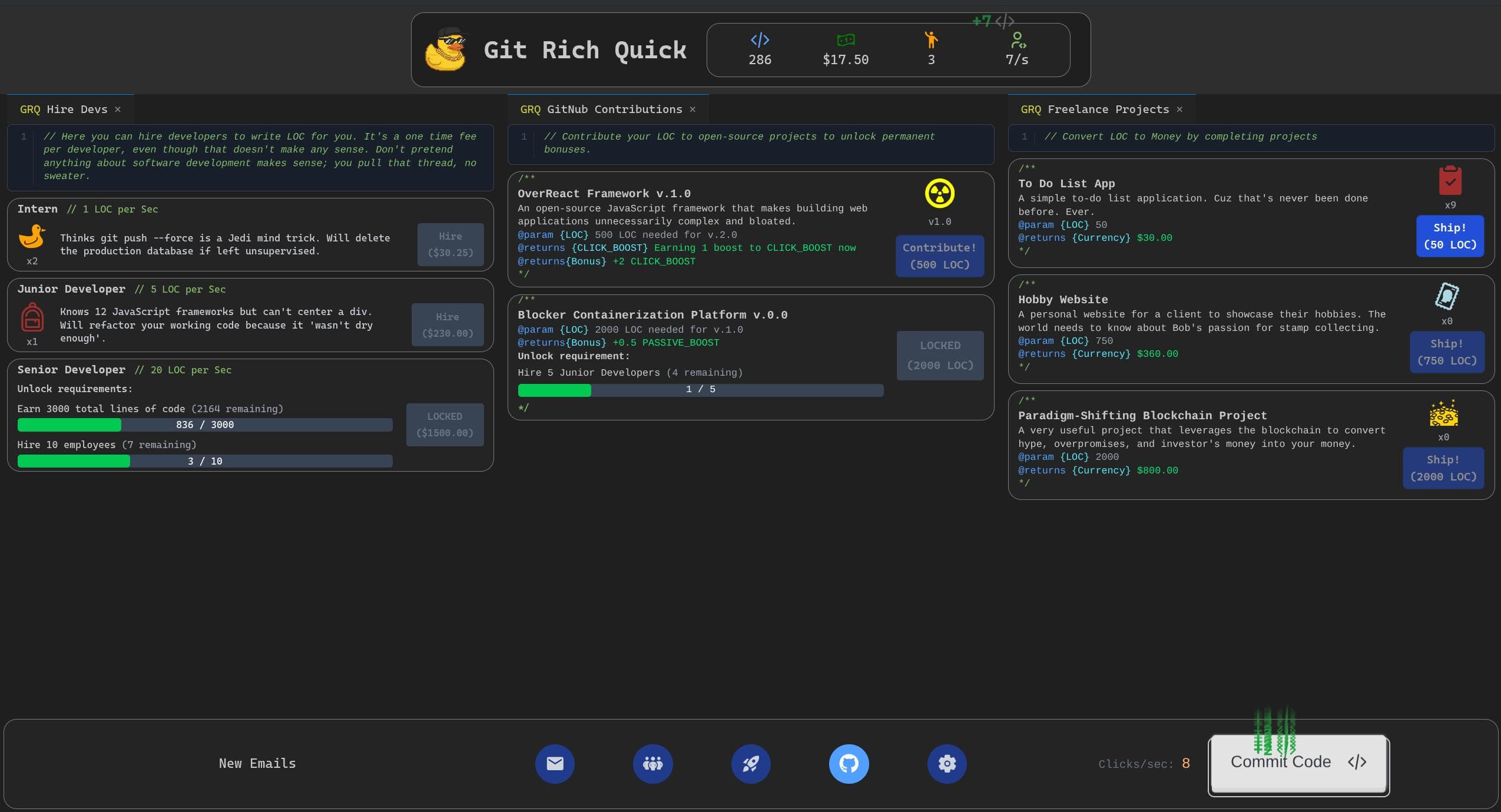 Git Rich Quick on desktop: a progressed game state with 286 lines of code, $17.50, three developers and 7 LOC per second, showing the Hire Devs panel, the GitNub Contributions panel with the OverReact Framework ready at 500 LOC and the Blocker Containerization Platform locked at 2000 LOC, and three freelance project cards.