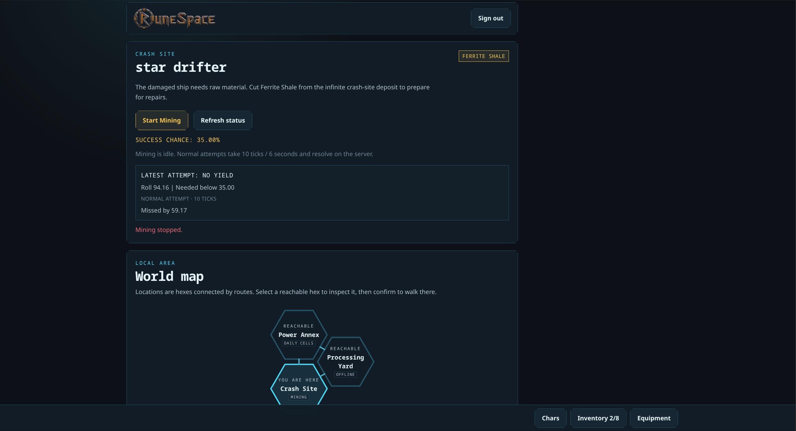 RuneSpace on desktop: the crash-site mining view for the character Star drifter, showing a failed mining attempt with no yield, a 35% success chance with the latest roll of 94.16, Start Mining and Refresh status controls, and the world map with Crash Site, Power Annex and Processing Yard.